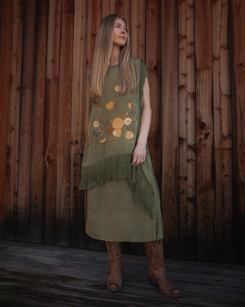 1920s Antique Floral Embroidered Silk Two Piece Dress with Fringe Trim