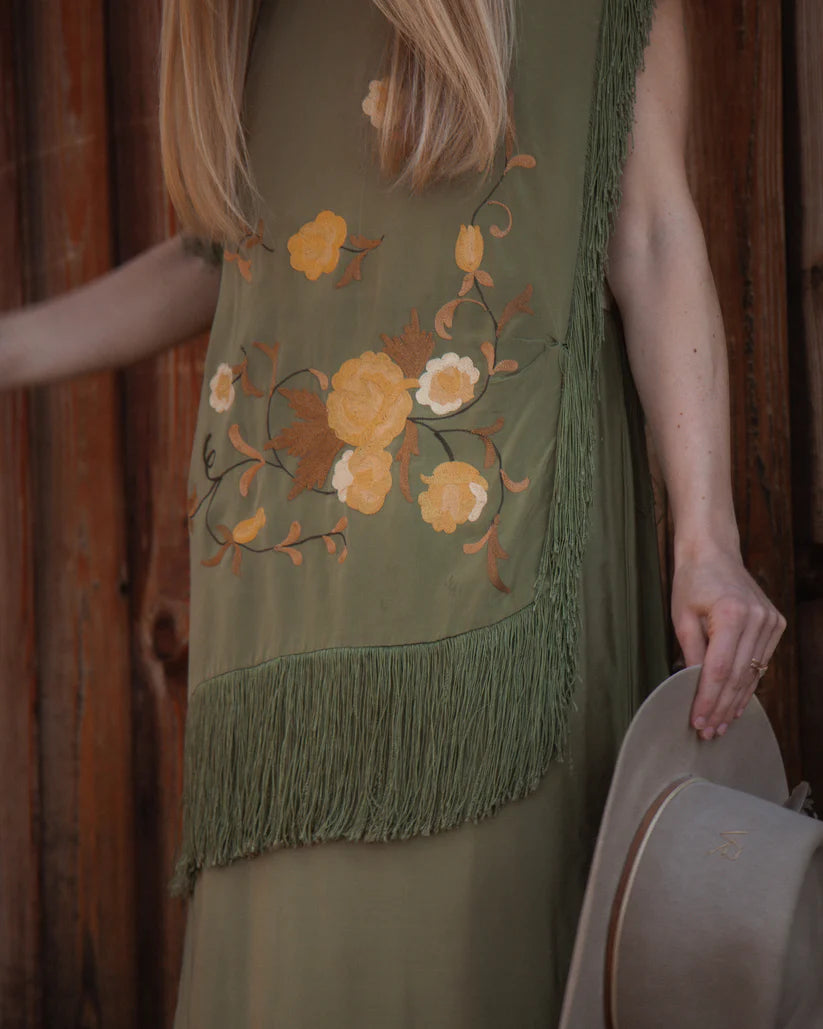 1920s Antique Floral Embroidered Silk Two Piece Dress with Fringe Trim