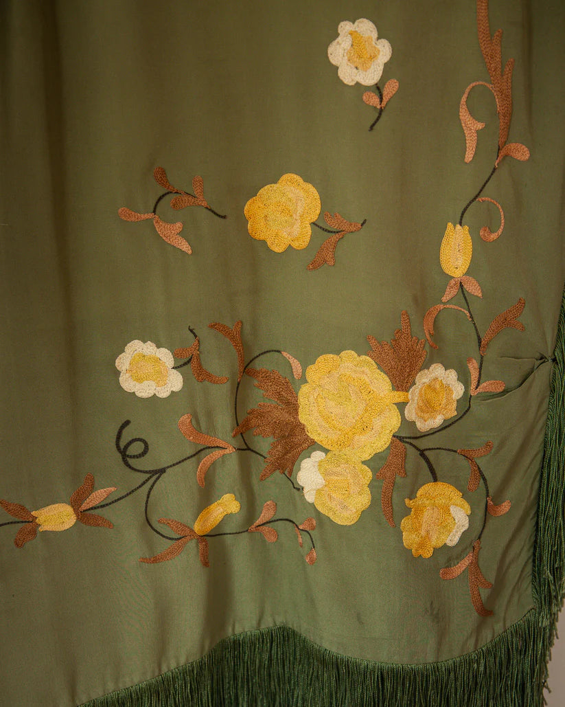 1920s Antique Floral Embroidered Silk Two Piece Dress with Fringe Trim