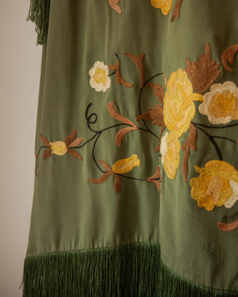 1920s Antique Floral Embroidered Silk Two Piece Dress with Fringe Trim