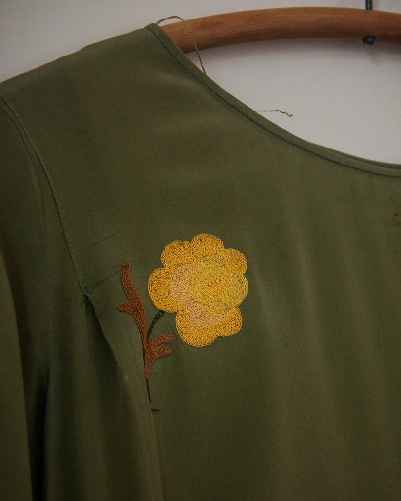1920s Antique Floral Embroidered Silk Two Piece Dress with Fringe Trim