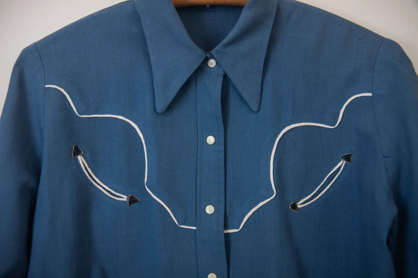 1930s-1940s Vintage Gabardine Western Blouse with Smile Pockets