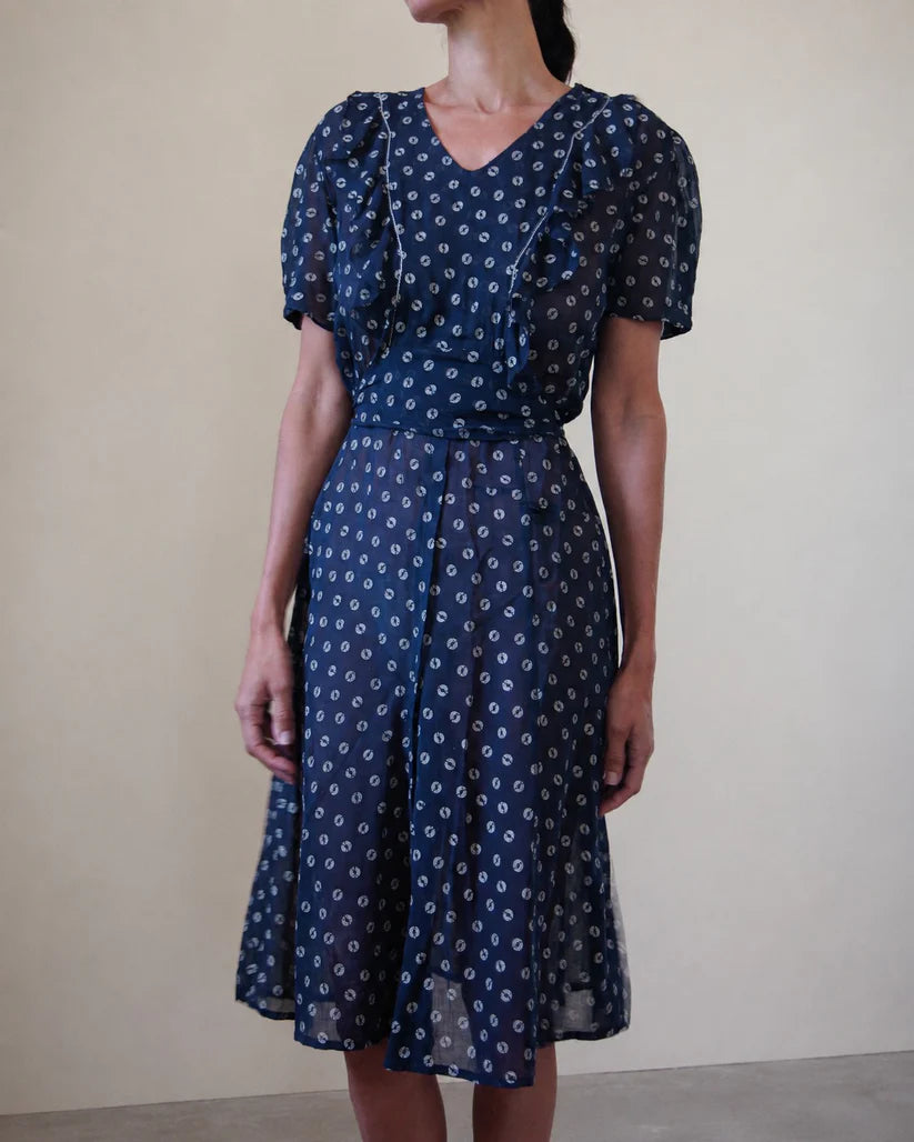 1930s-1940s Vintage Handmade Polka Dot Day Dress