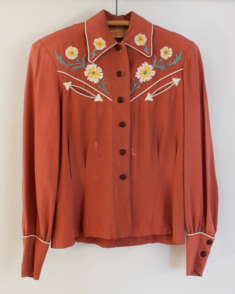 1940s Connie Sportswear Vintage Floral Chainstitch Western Blouse