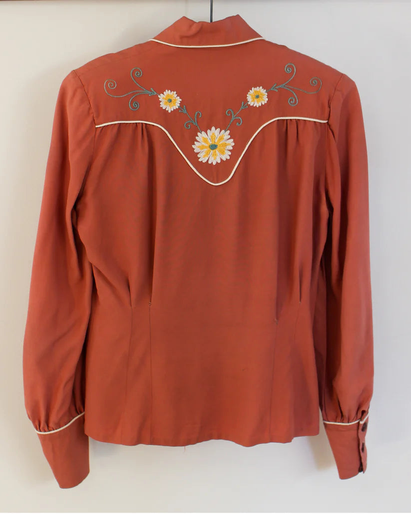 1940s Connie Sportswear Vintage Floral Chainstitch Western Blouse
