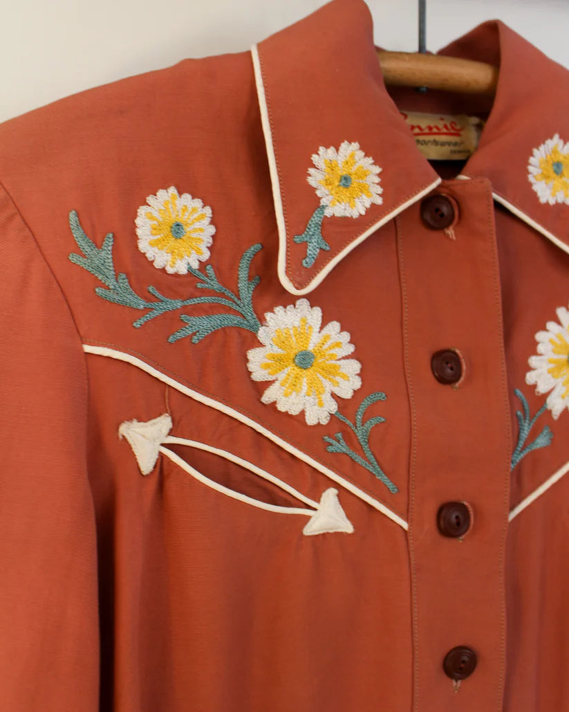 1940s Connie Sportswear Vintage Floral Chainstitch Western Blouse