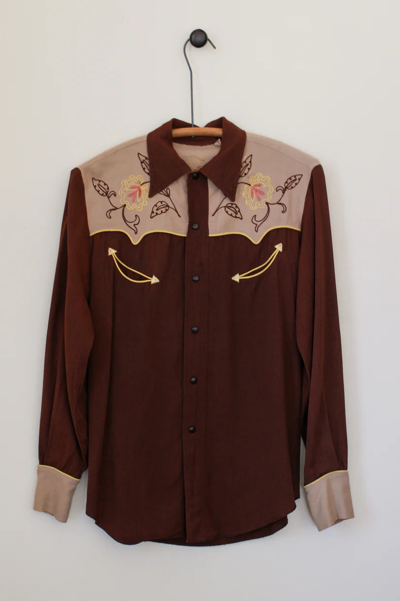 1960s Vintage Floral Chainstitched Western Shirt with Smile Pockets
