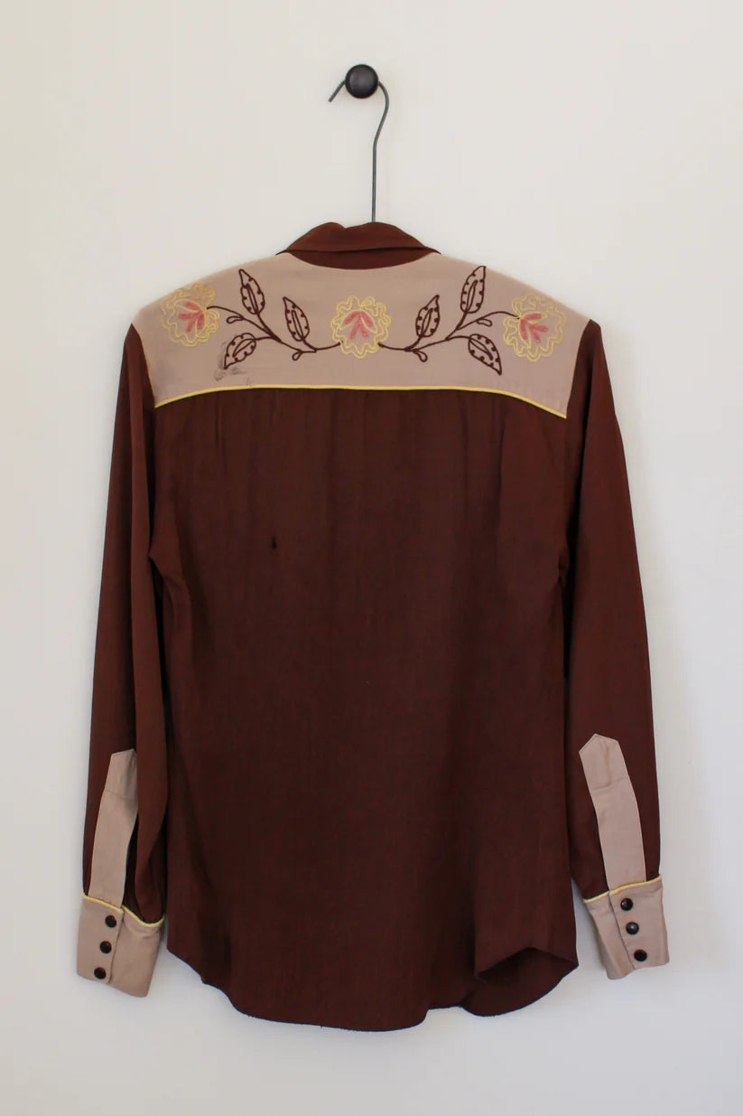 1960s Vintage Floral Chainstitched Western Shirt with Smile Pockets