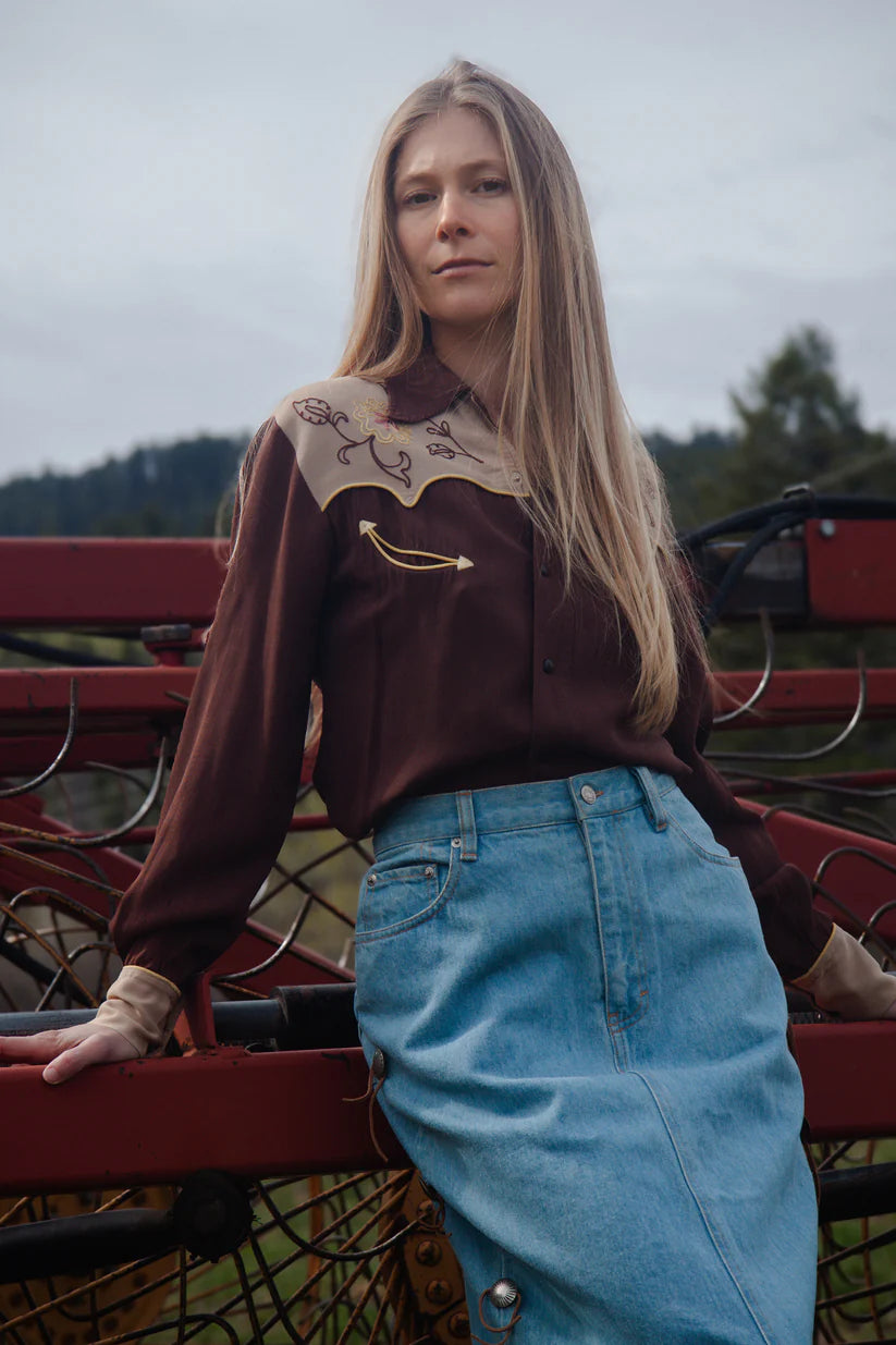 1960s Vintage Floral Chainstitched Western Shirt with Smile Pockets
