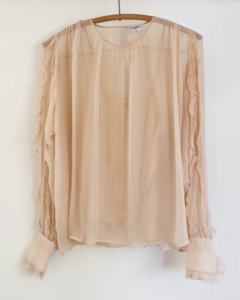 1980's Chanel Chiffon Blouse with Ruffle Sleeves
