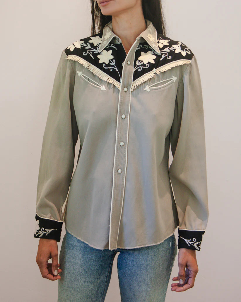 California Ranchwear 1950s Vintage Floral Embroidered Pearl Snap Shirt with Suede Fringe Trim