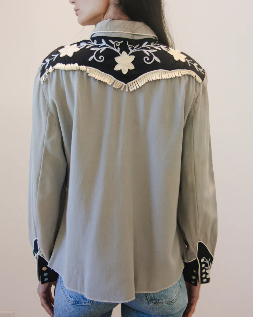 California Ranchwear 1950s Vintage Floral Embroidered Pearl Snap Shirt with Suede Fringe Trim