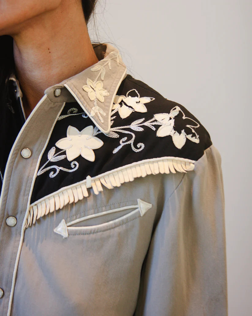 California Ranchwear 1950s Vintage Floral Embroidered Pearl Snap Shirt with Suede Fringe Trim