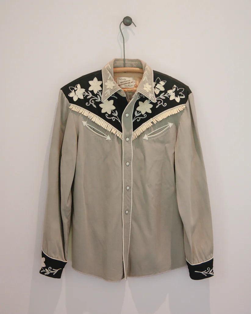 California Ranchwear 1950s Vintage Floral Embroidered Pearl Snap Shirt with Suede Fringe Trim