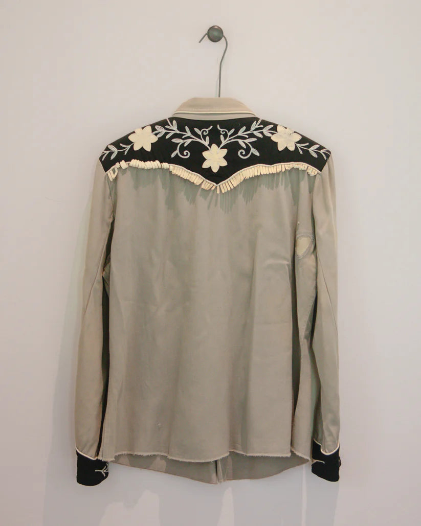 California Ranchwear 1950s Vintage Floral Embroidered Pearl Snap Shirt with Suede Fringe Trim