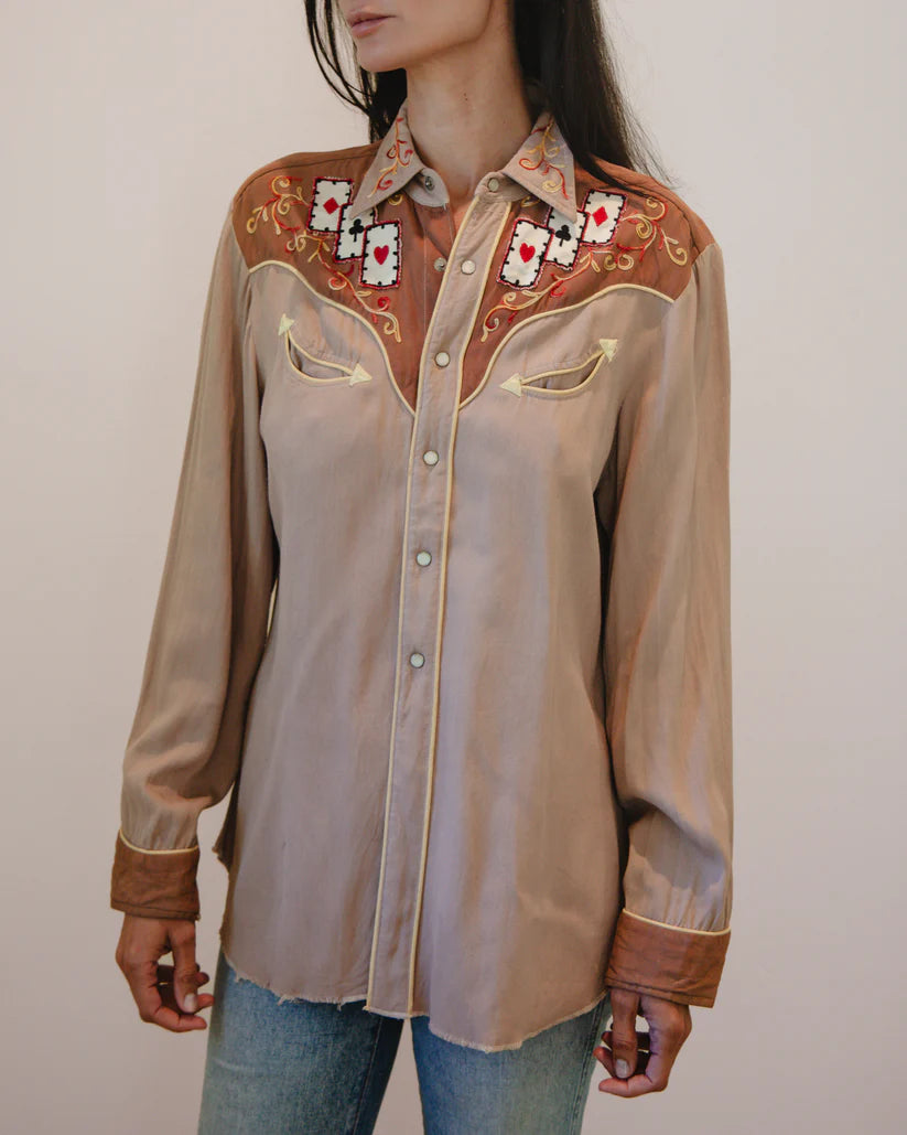 H Bar C Ranchwear 1950s Vintage 'Playing Cards' Embroidered Western Pearl Snap Shirt
