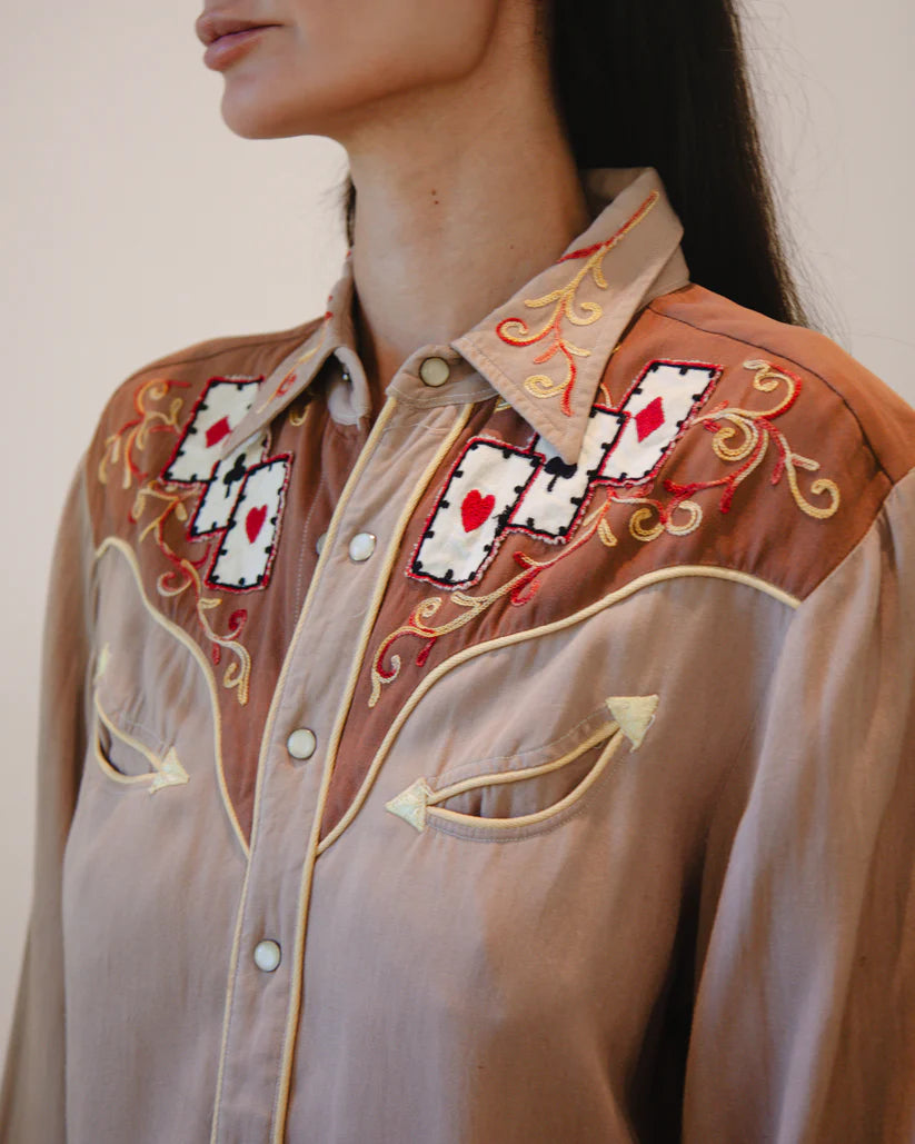 H Bar C Ranchwear 1950s Vintage 'Playing Cards' Embroidered Western Pearl Snap Shirt