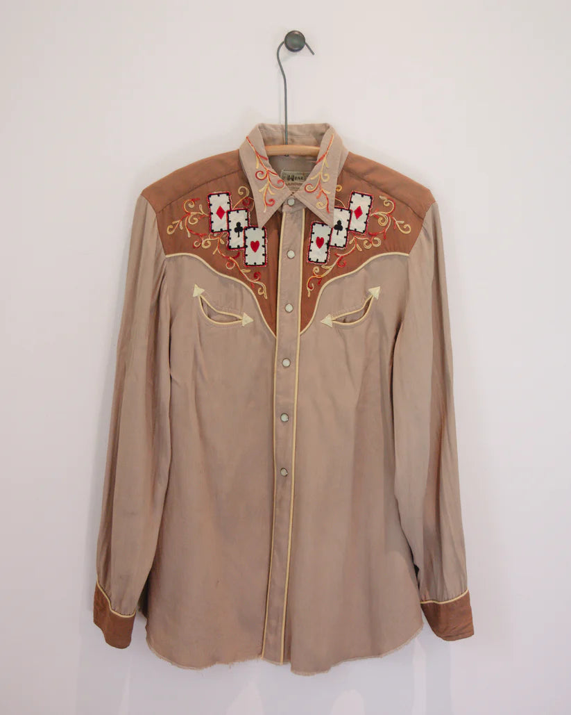H Bar C Ranchwear 1950s Vintage 'Playing Cards' Embroidered Western Pearl Snap Shirt