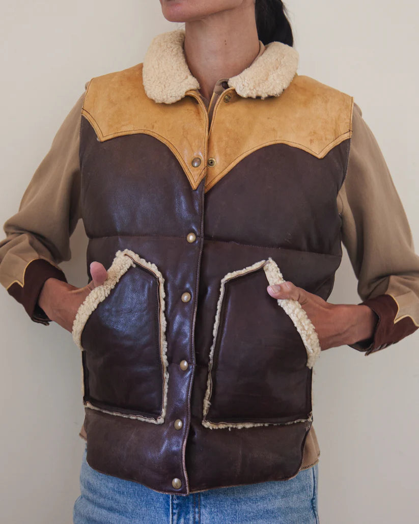 Rare 1970s Vintage Rocky Mountain Featherbed Two-Tone Leather Down Vest with Shearling Collar & Trim