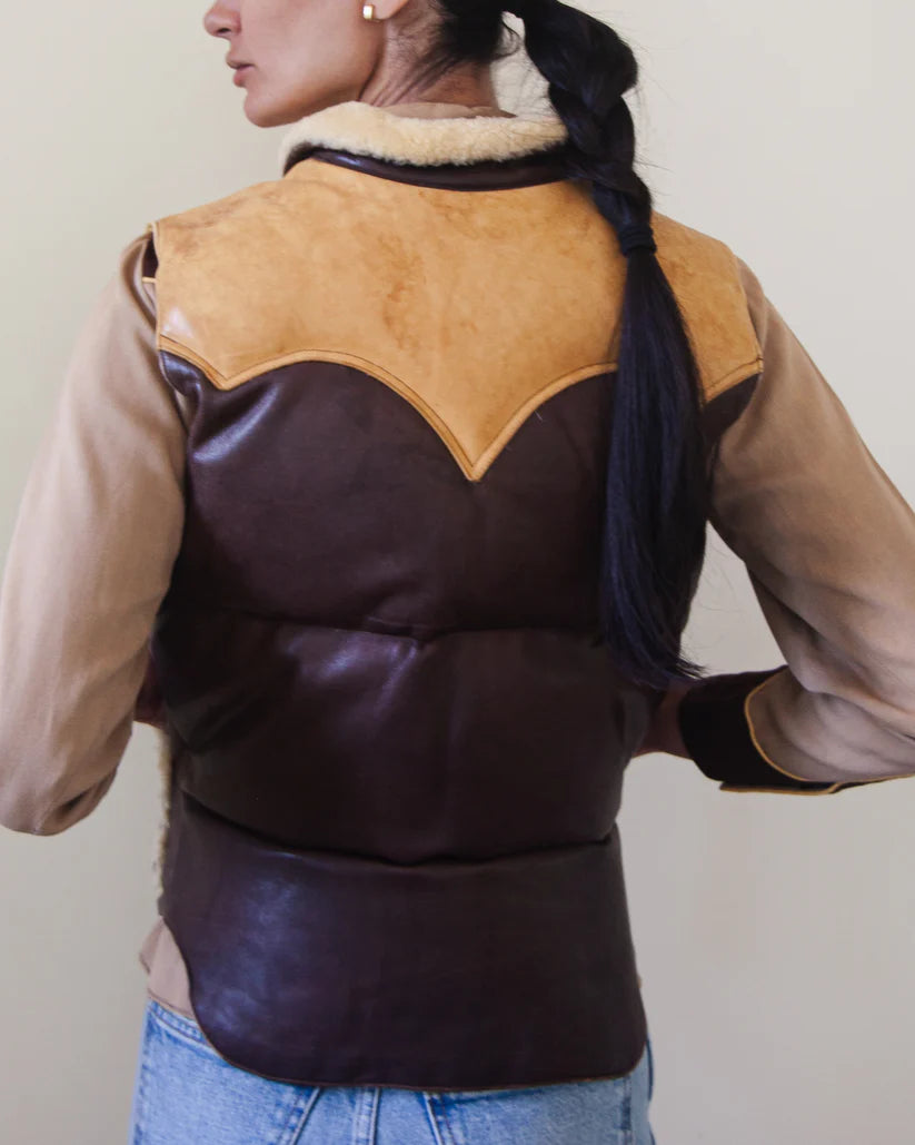 Rare 1970s Vintage Rocky Mountain Featherbed Two-Tone Leather Down Vest with Shearling Collar & Trim