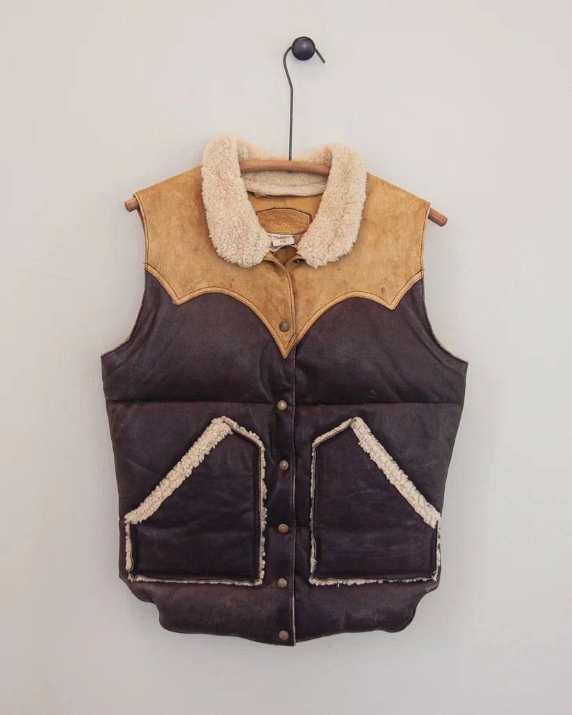 Rare 1970s Vintage Rocky Mountain Featherbed Two-Tone Leather Down Vest with Shearling Collar & Trim
