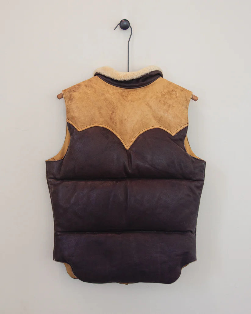 Rare 1970s Vintage Rocky Mountain Featherbed Two-Tone Leather Down Vest with Shearling Collar & Trim
