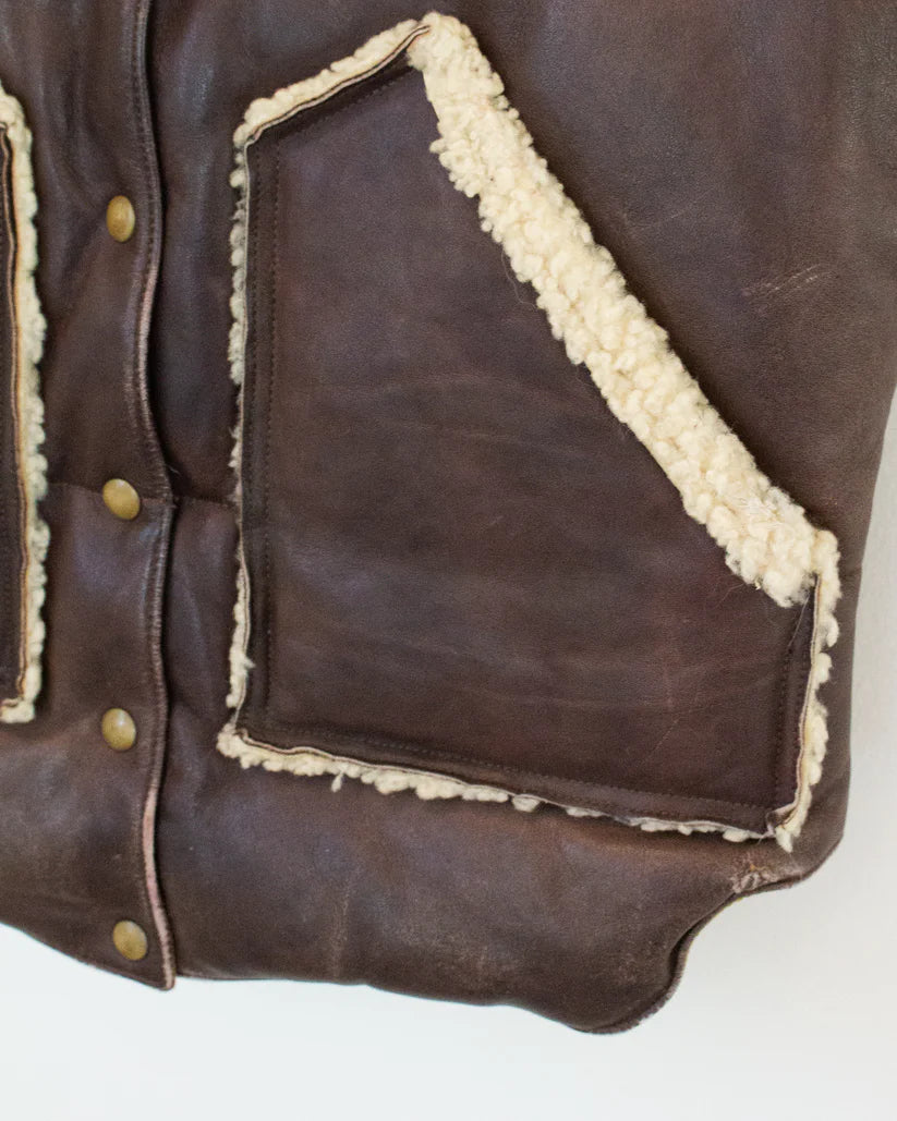 Rare 1970s Vintage Rocky Mountain Featherbed Two-Tone Leather Down Vest with Shearling Collar & Trim
