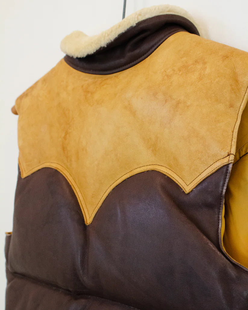 Rare 1970s Vintage Rocky Mountain Featherbed Two-Tone Leather Down Vest with Shearling Collar & Trim