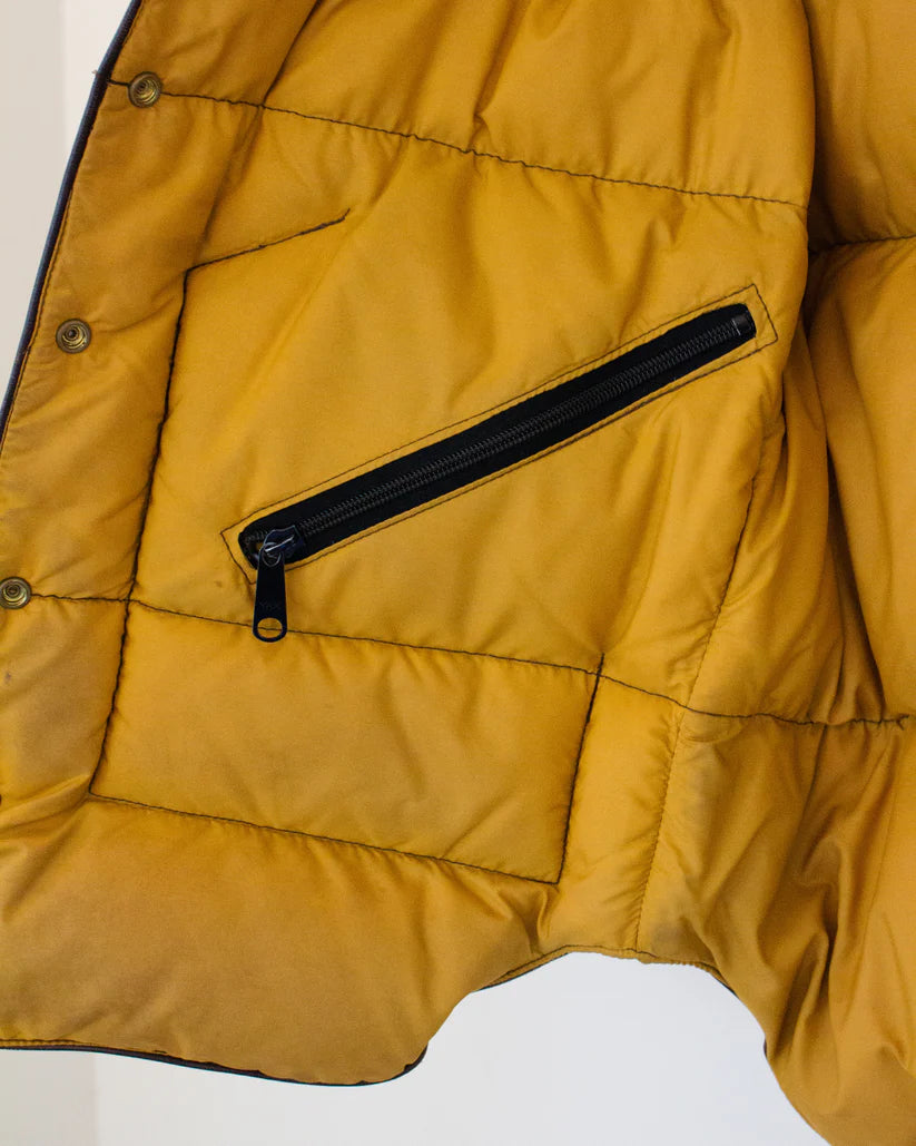 Rare 1970s Vintage Rocky Mountain Featherbed Two-Tone Leather Down Vest with Shearling Collar & Trim