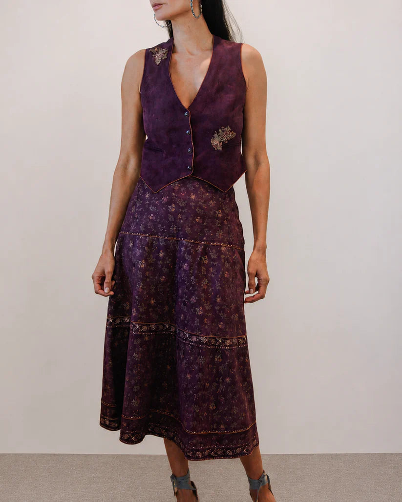 Roberto Cavalli Floral Printed Suede Leather Skirt & Vest Set