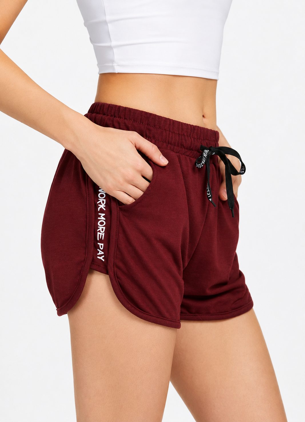 Women's Casual Maroon Side Slit Drawstring Shorts with Side Letter Print – Slim Fit Summer Shorts