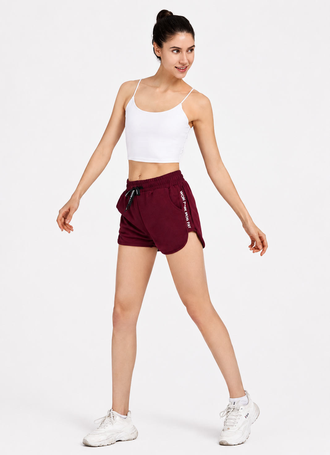 Women's Casual Maroon Side Slit Drawstring Shorts with Side Letter Print – Slim Fit Summer Shorts